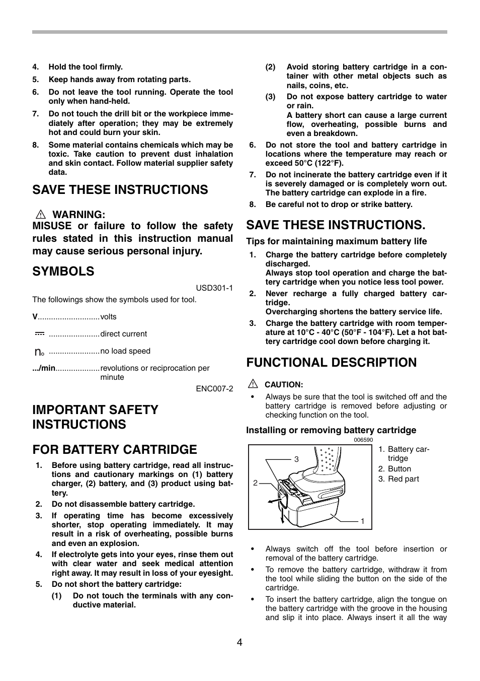 Save these instructions, Symbols, Functional description | Makita BDF440 User Manual | Page 4 / 28