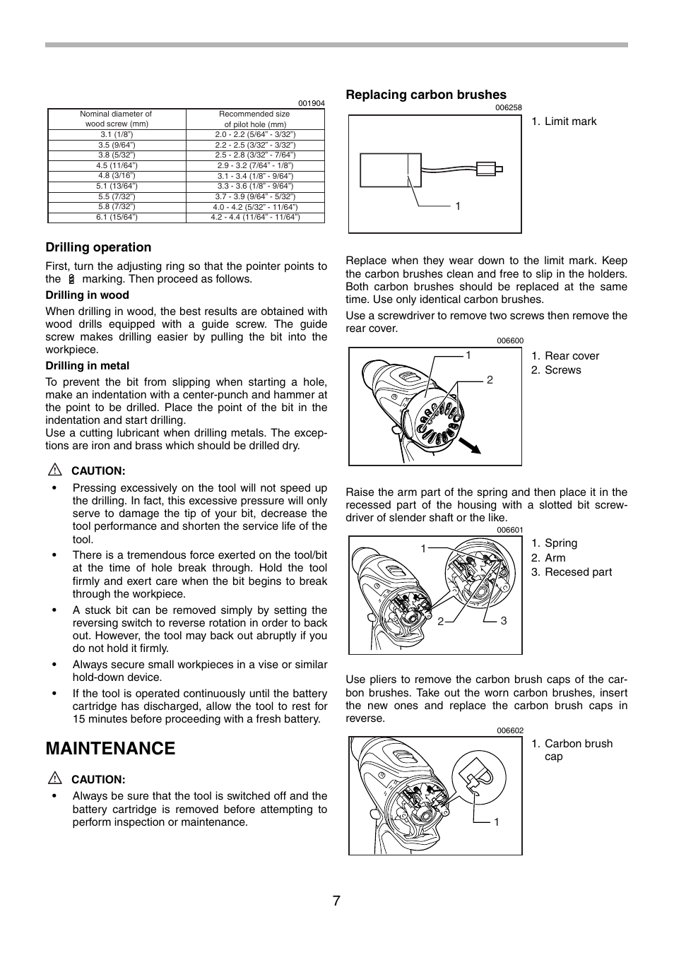 Maintenance, Drilling operation, Replacing carbon brushes | Makita BDF440 User Manual | Page 7 / 28