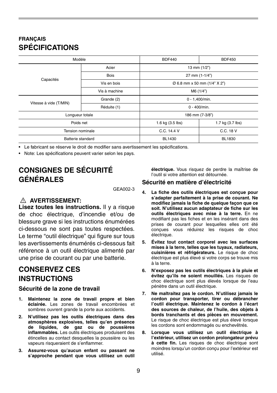 Spécifications, Consignes de sécurité générales, Conservez ces instructions | Sécurité de la zone de travail, Sécurité en matière d’électricité | Makita BDF440 User Manual | Page 9 / 28