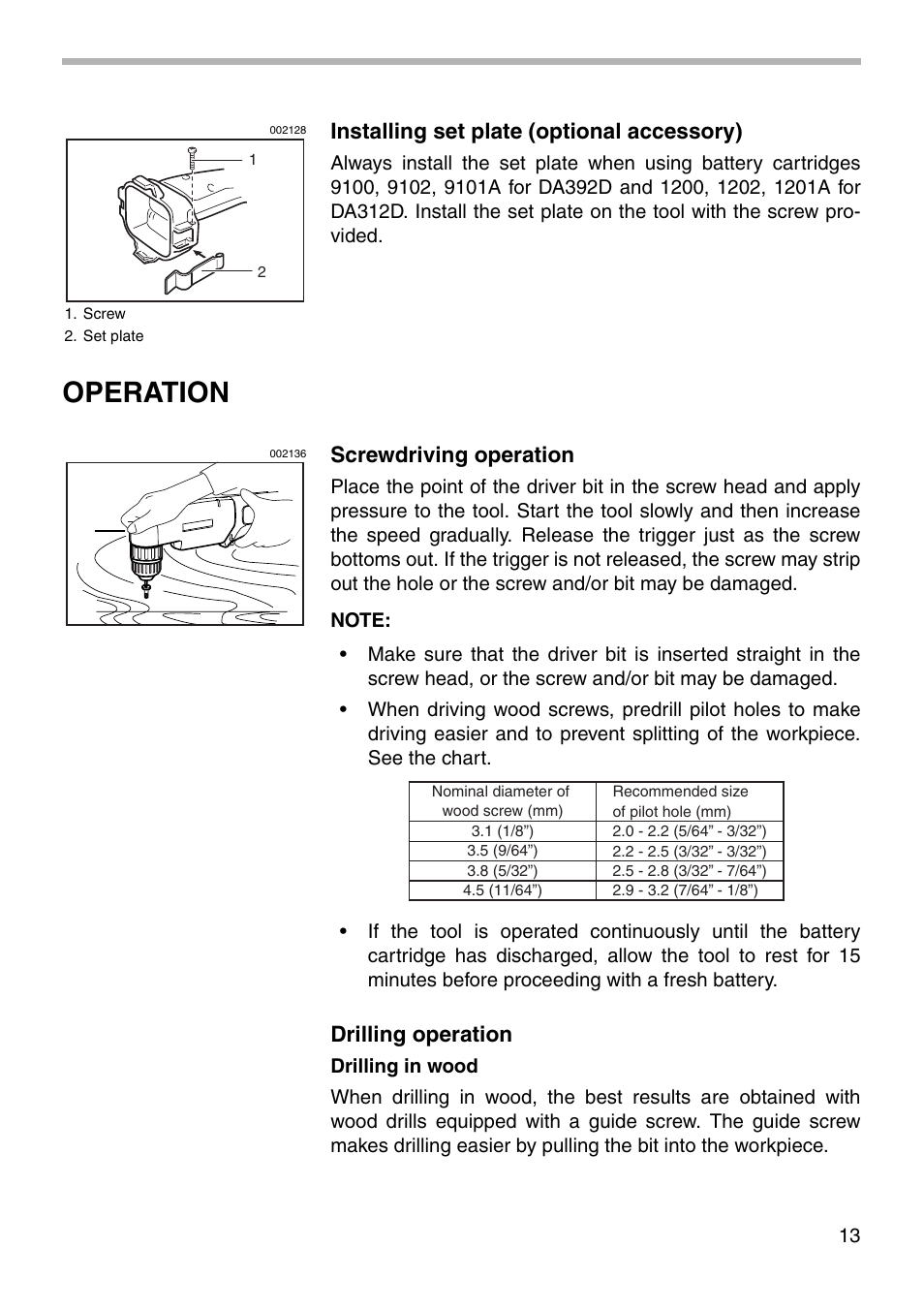 Operation, Installing set plate (optional accessory), Screwdriving operation | Drilling operation | Makita DA302D User Manual | Page 13 / 20