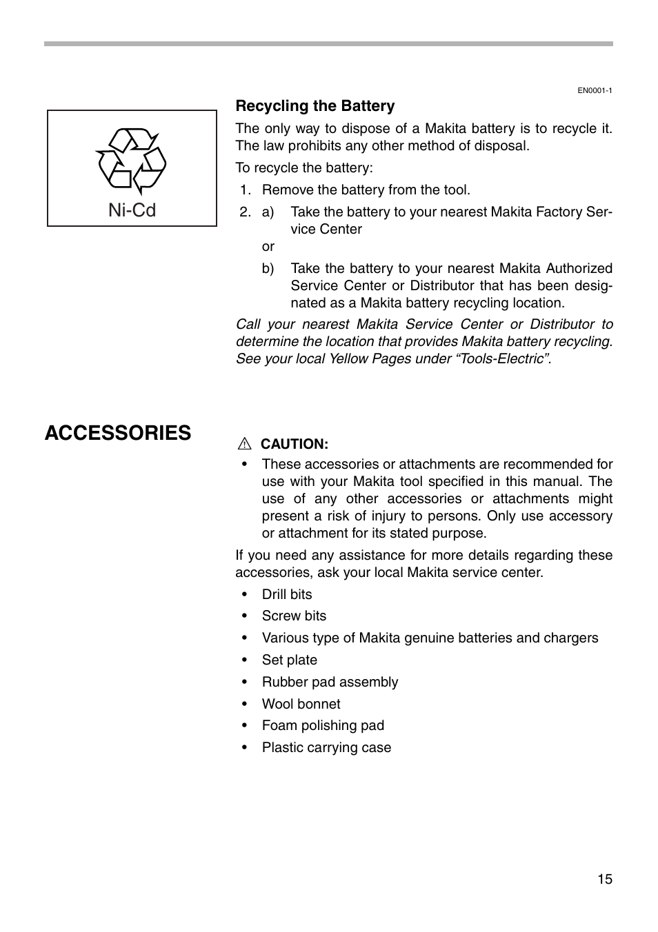 Accessories, Ni-cd | Makita DA302D User Manual | Page 15 / 20