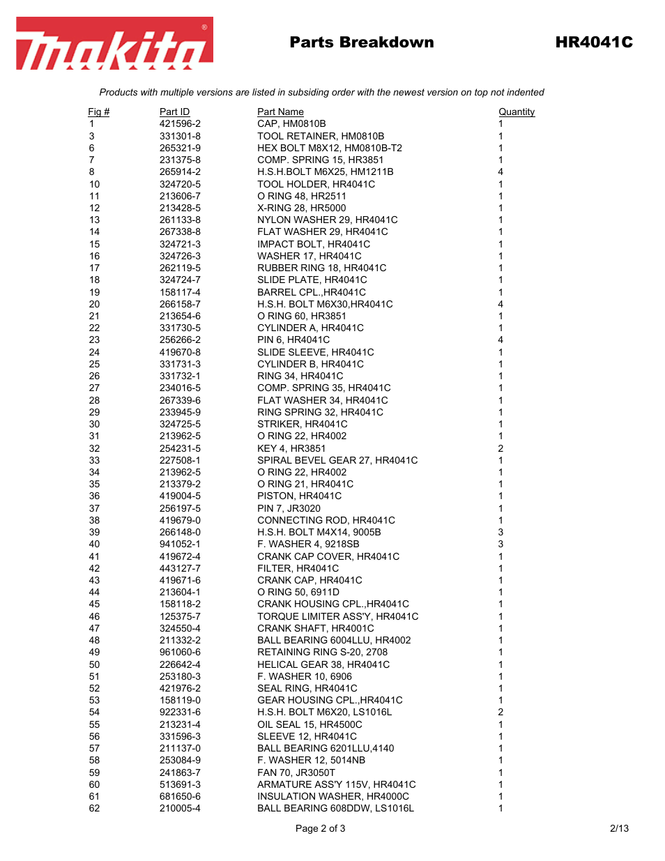 Parts breakdown hr4041c | Makita HR4041C User Manual | Page 2 / 3