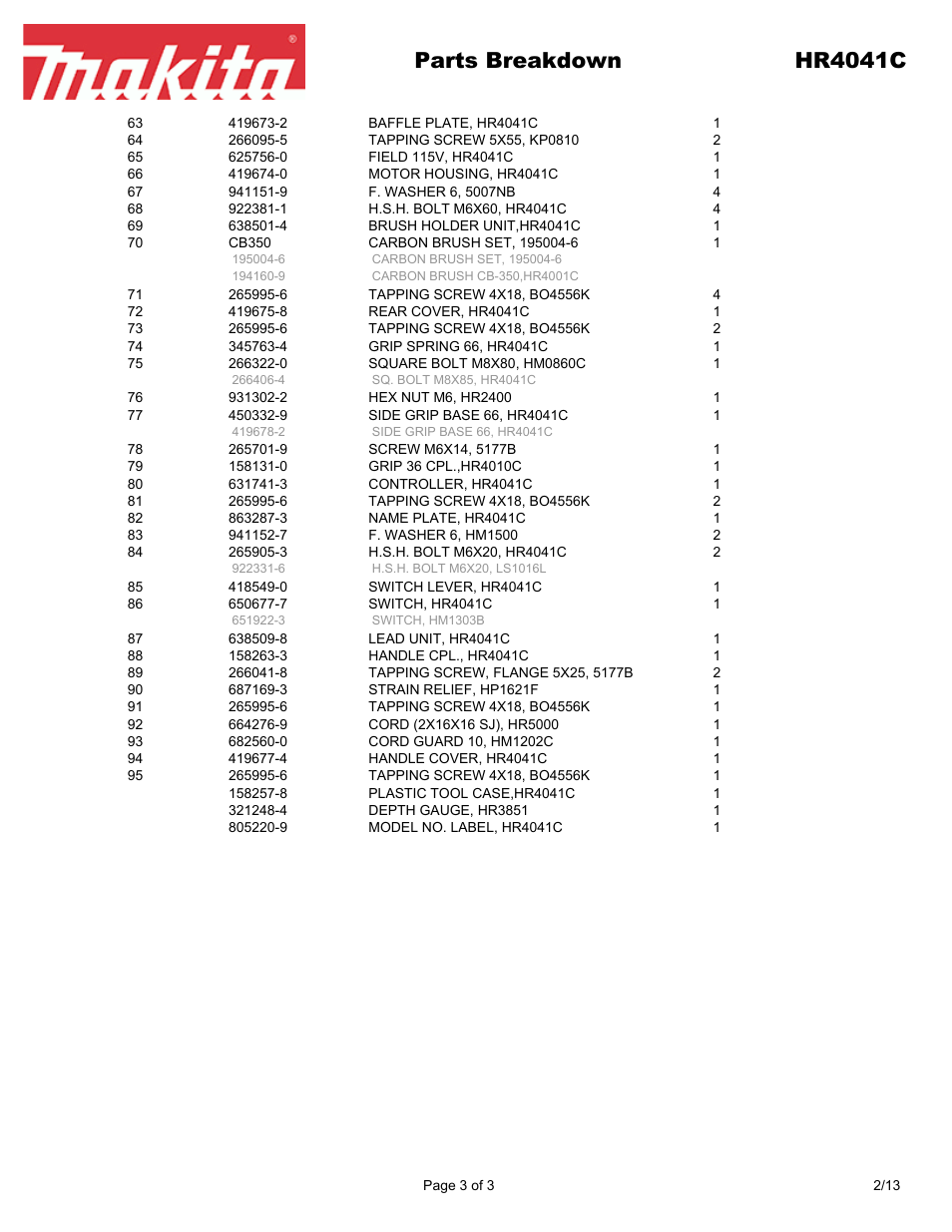 Parts breakdown hr4041c | Makita HR4041C User Manual | Page 3 / 3