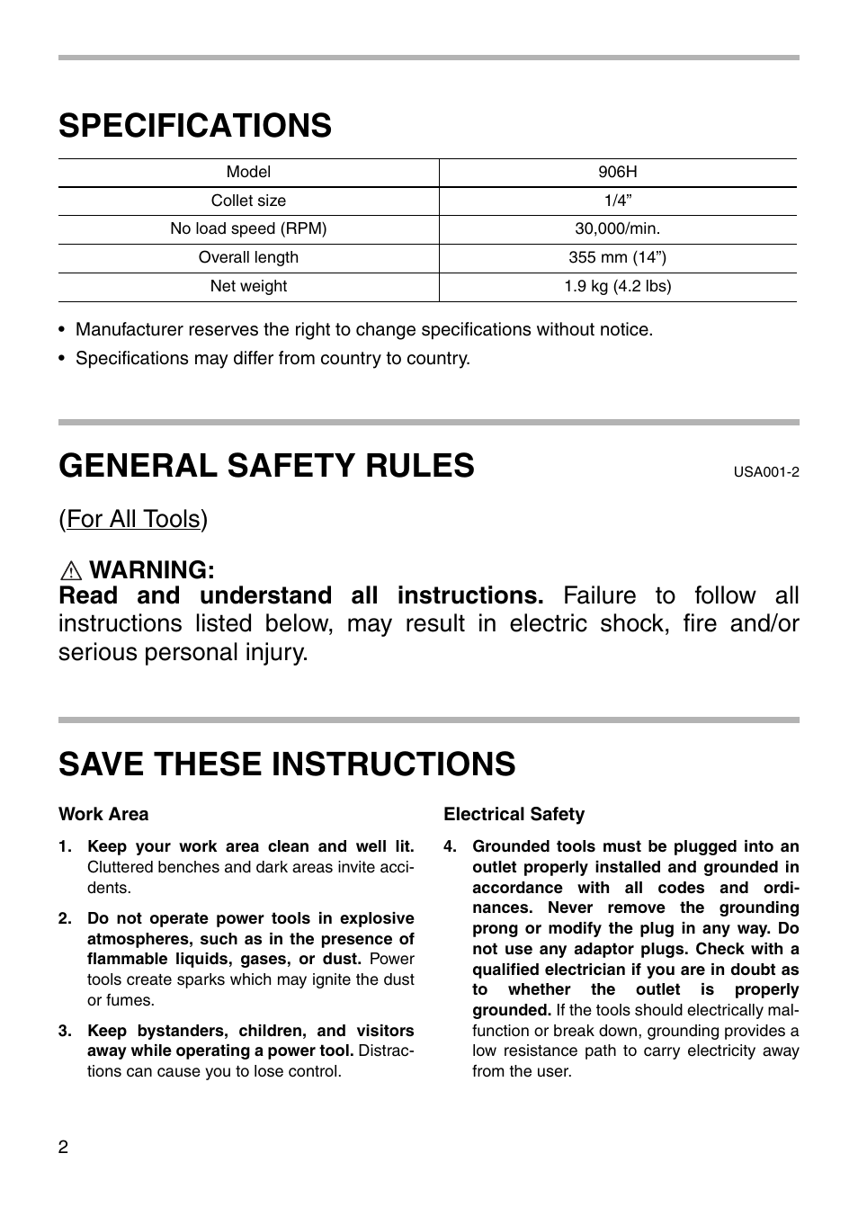 Specifications, General safety rules, Save these instructions | Makita 906H 003485 User Manual | Page 2 / 16