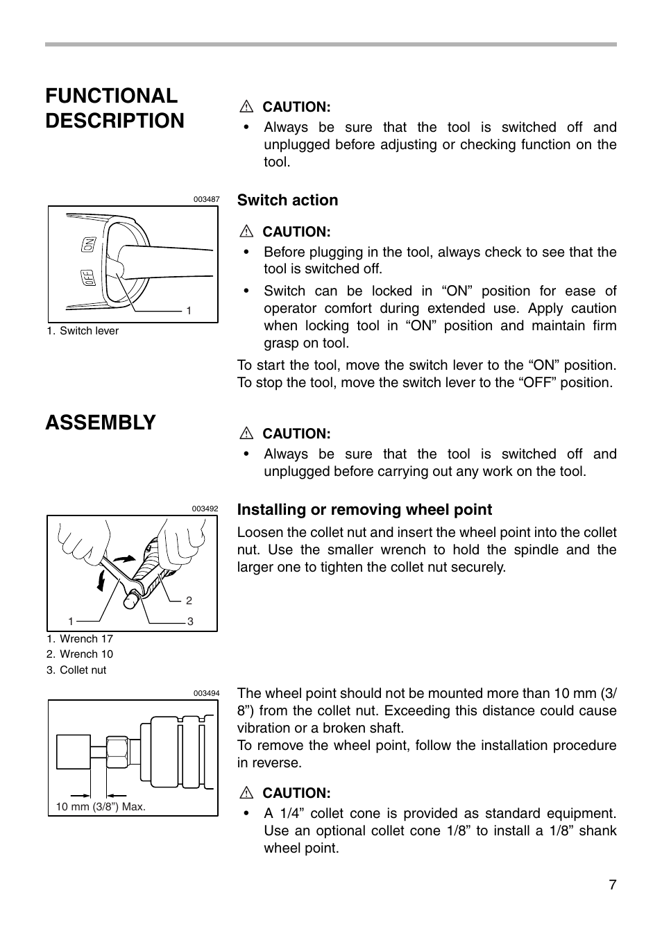 Functional description, Assembly, Switch action | Installing or removing wheel point | Makita 906H 003485 User Manual | Page 7 / 16