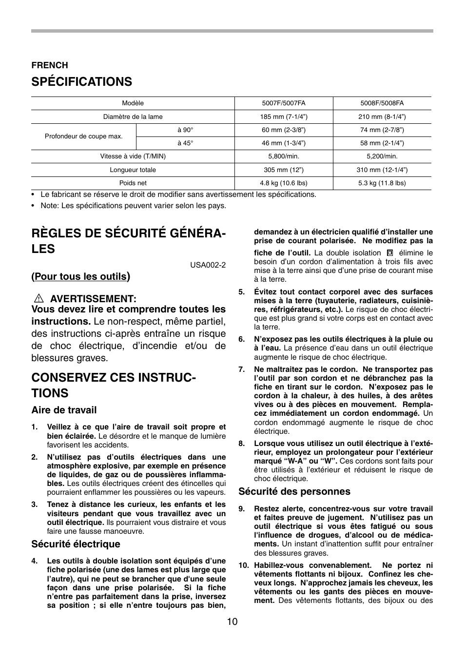 Spécifications, Règles de sécurité généra- les, Conservez ces instruc- tions | Pour tous les outils, Aire de travail, Sécurité électrique, Sécurité des personnes | Makita 5008F User Manual | Page 10 / 28