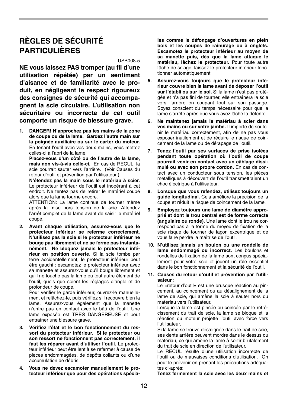 Règles de sécurité particulières | Makita 5008F User Manual | Page 12 / 28
