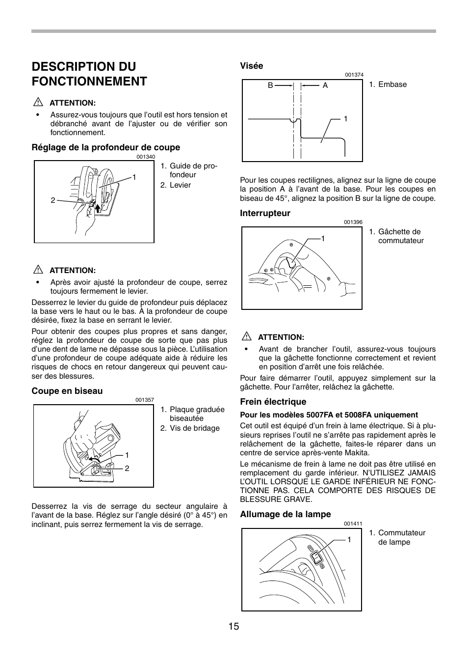 Description du fonctionnement | Makita 5008F User Manual | Page 15 / 28
