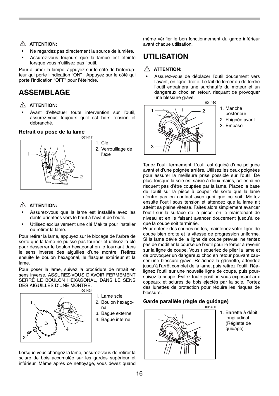 Assemblage, Utilisation | Makita 5008F User Manual | Page 16 / 28