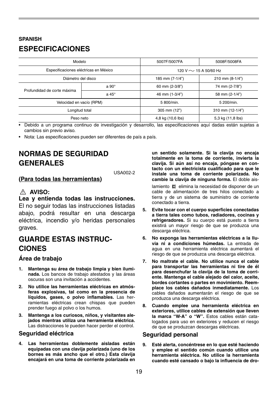 Especificaciones, Normas de seguridad generales, Guarde estas instruc- ciones | Área de trabajo, Seguridad eléctrica, Seguridad personal | Makita 5008F User Manual | Page 19 / 28