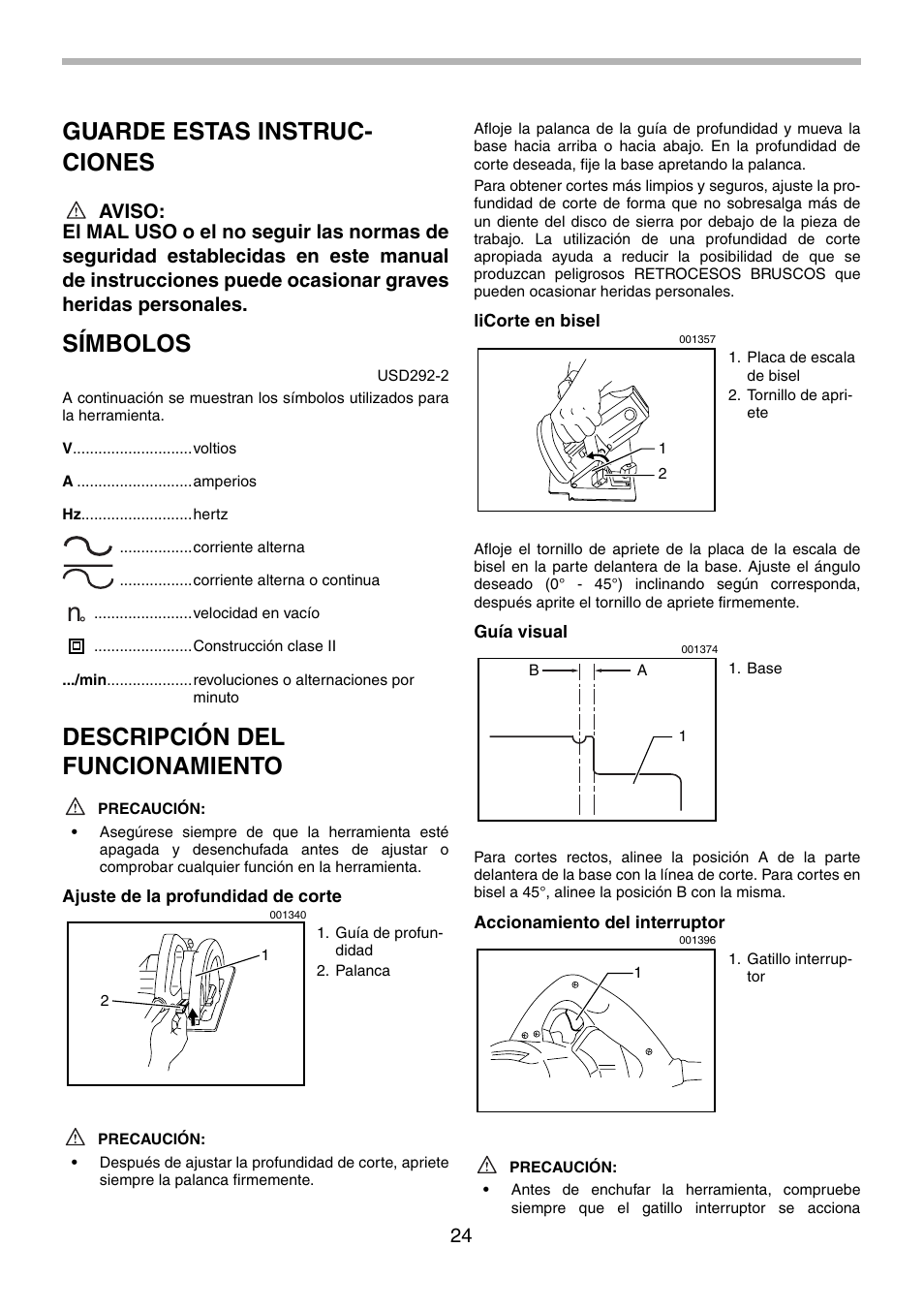 Guarde estas instruc- ciones, Símbolos, Descripción del funcionamiento | Makita 5008F User Manual | Page 24 / 28