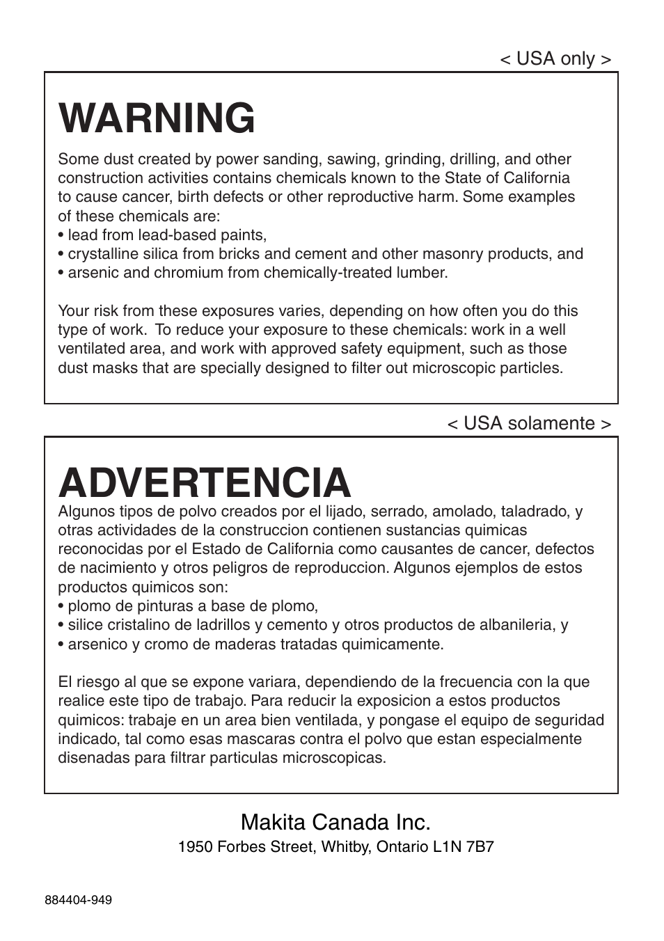Warning, Advertencia | Makita 5008F User Manual | Page 28 / 28