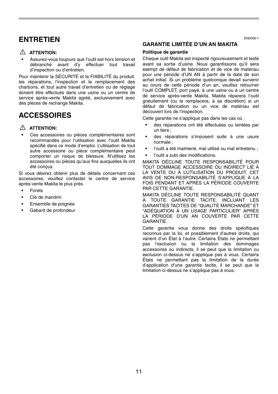 Entretien, Accessoires | Makita 6303H User Manual | Page 11 / 20