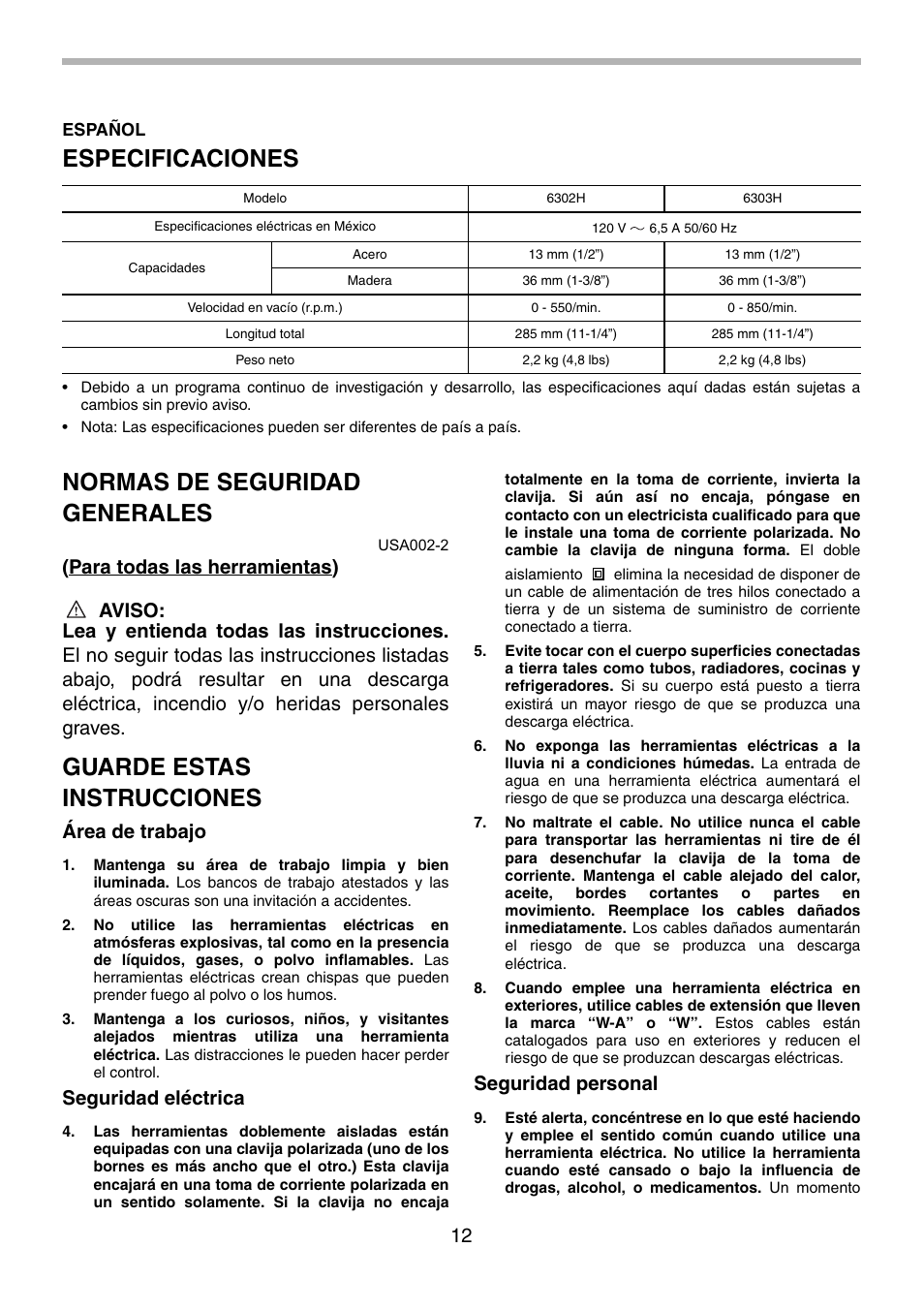 Especificaciones, Normas de seguridad generales, Guarde estas instrucciones | Área de trabajo, Seguridad eléctrica, Seguridad personal | Makita 6303H User Manual | Page 12 / 20