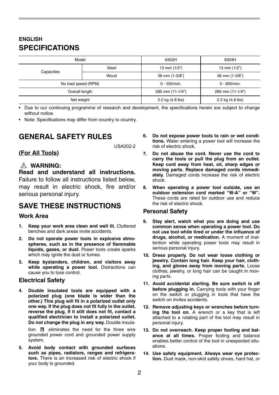 Specifications, General safety rules, Save these instructions | Work area, Electrical safety, Personal safety | Makita 6303H User Manual | Page 2 / 20