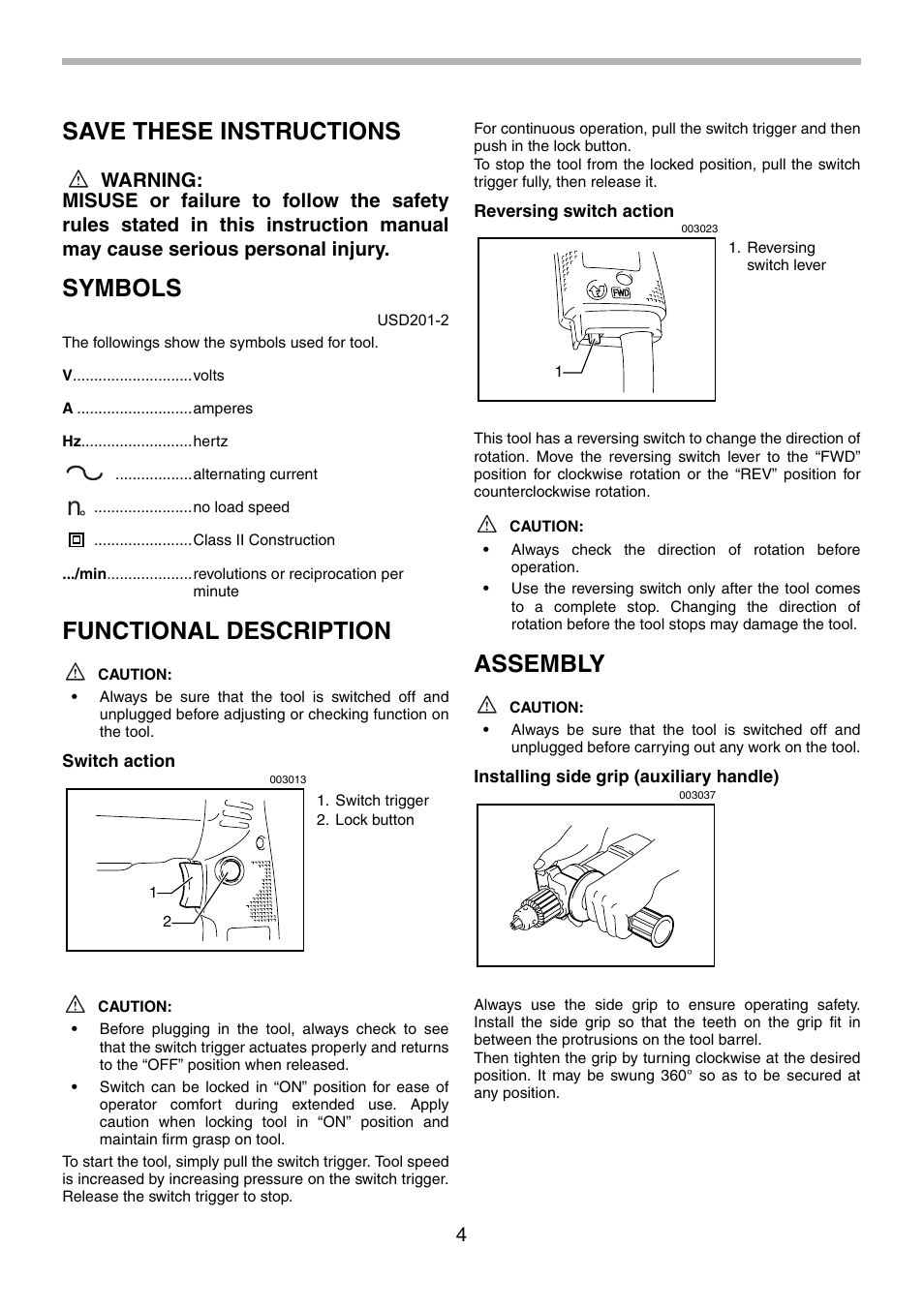 Save these instructions, Symbols, Functional description | Assembly | Makita 6303H User Manual | Page 4 / 20
