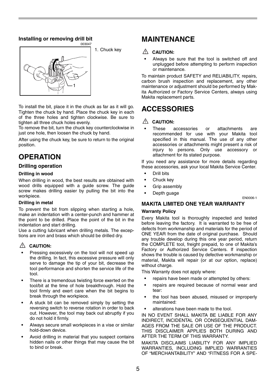 Operation, Maintenance, Accessories | Makita 6303H User Manual | Page 5 / 20