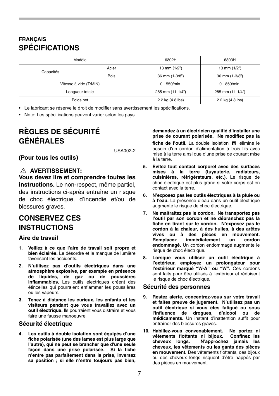 Spécifications, Règles de sécurité générales, Conservez ces instructions | Pour tous les outils, Aire de travail, Sécurité électrique, Sécurité des personnes | Makita 6303H User Manual | Page 7 / 20