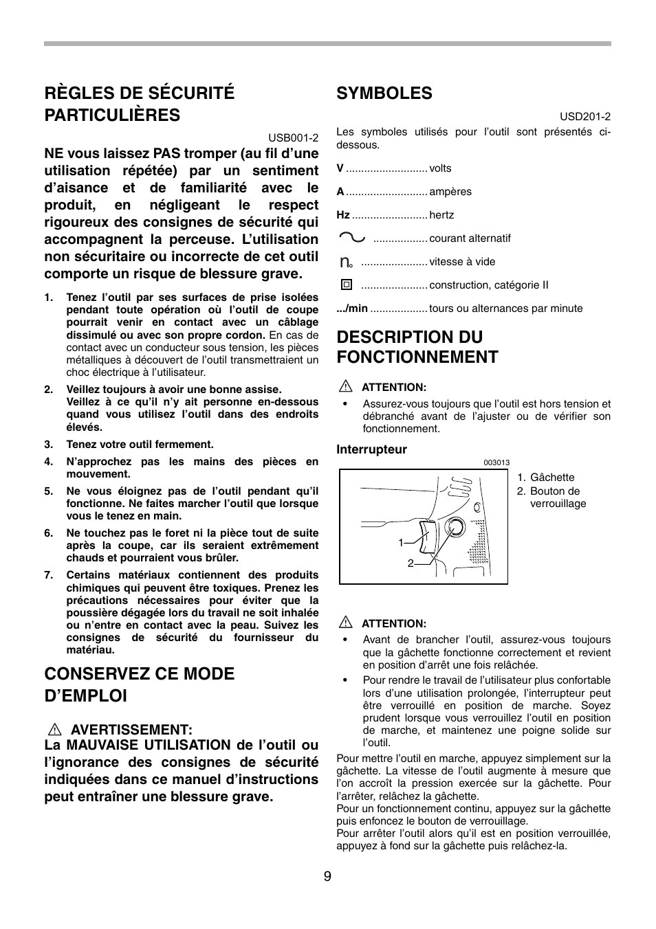 Règles de sécurité particulières, Conservez ce mode d’emploi, Symboles | Description du fonctionnement | Makita 6303H User Manual | Page 9 / 20