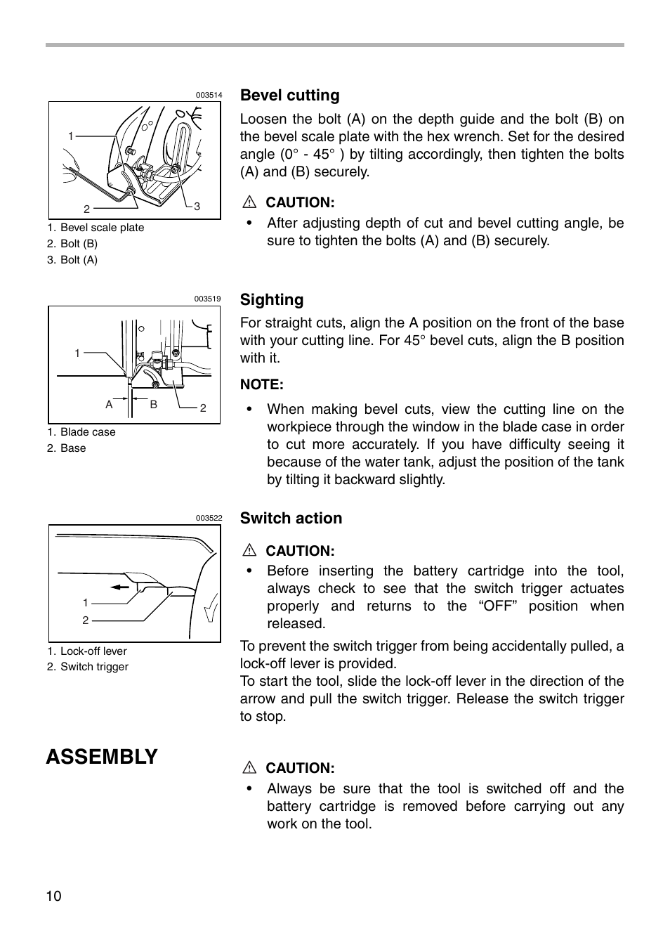 Assembly, Bevel cutting, Sighting | Switch action | Makita 4190D User Manual | Page 10 / 20