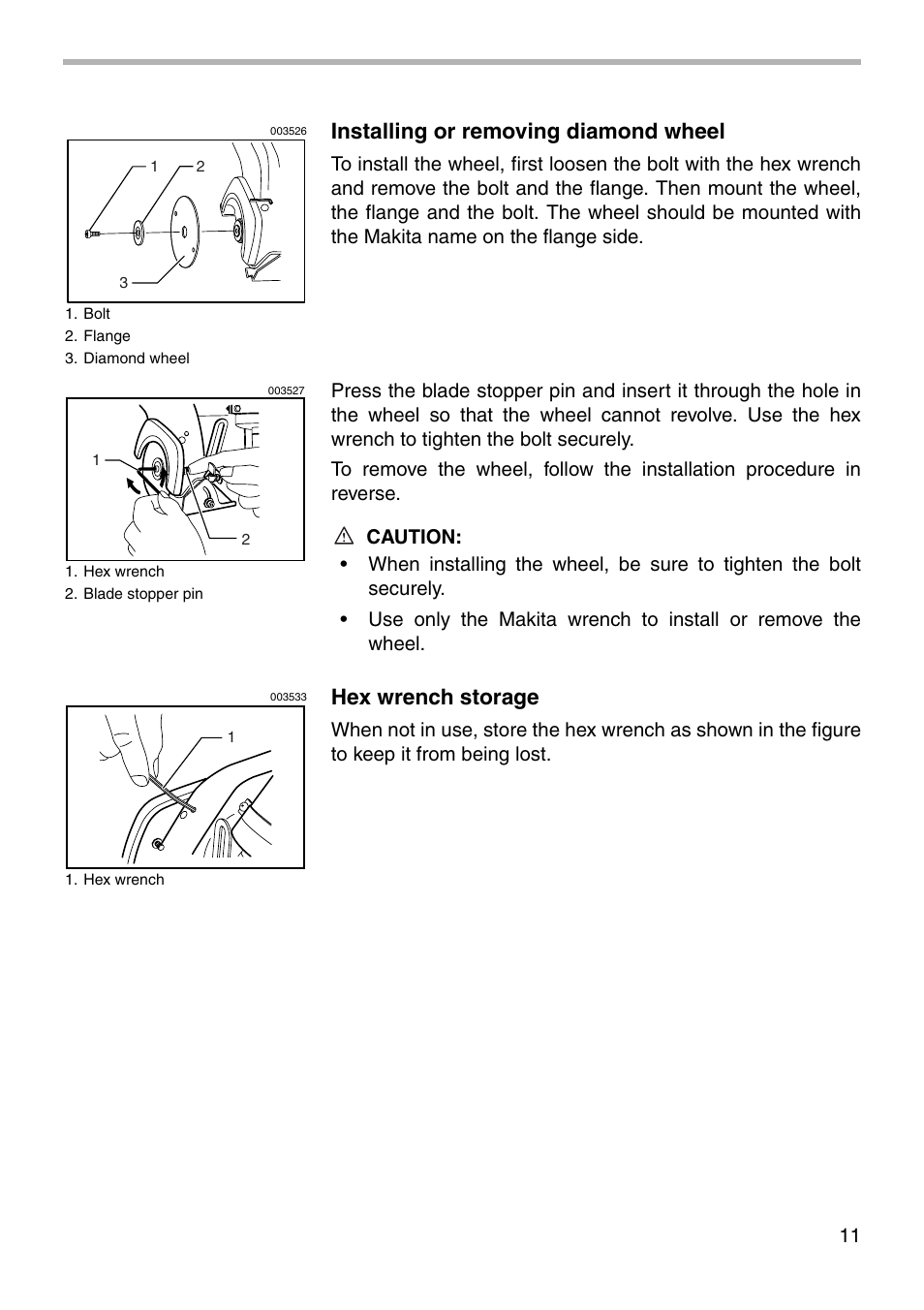 Installing or removing diamond wheel, Hex wrench storage | Makita 4190D User Manual | Page 11 / 20