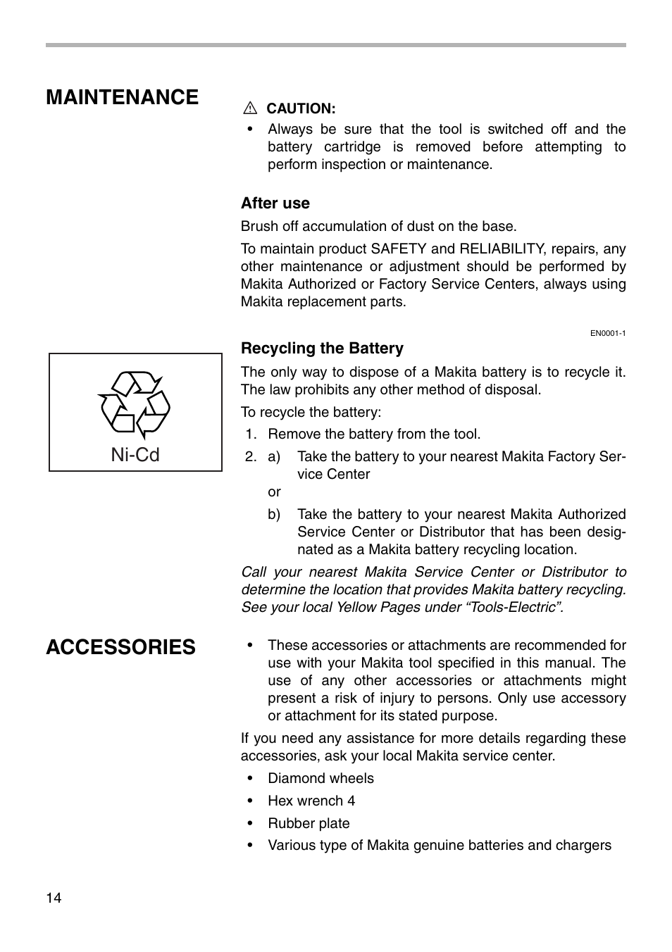 Maintenance, Accessories, Ni-cd | Makita 4190D User Manual | Page 14 / 20
