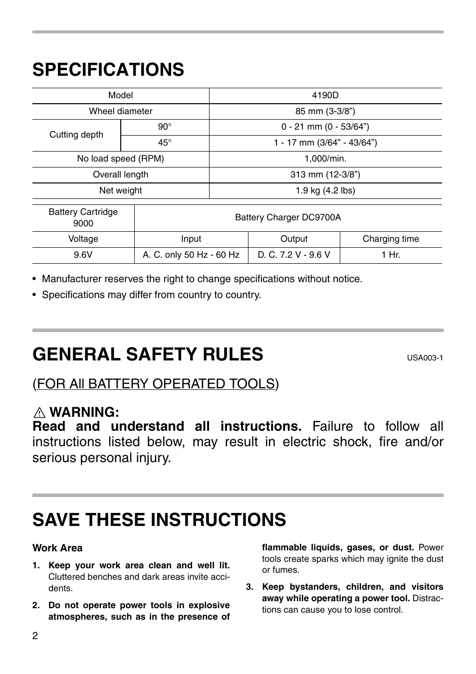 Specifications, General safety rules, Save these instructions | Makita 4190D User Manual | Page 2 / 20