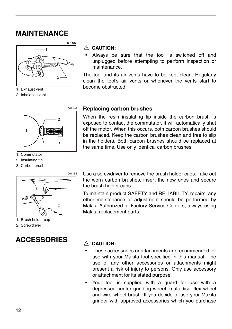 Maintenance, Accessories, Replacing carbon brushes | Makita 9067DB User Manual | Page 12 / 20