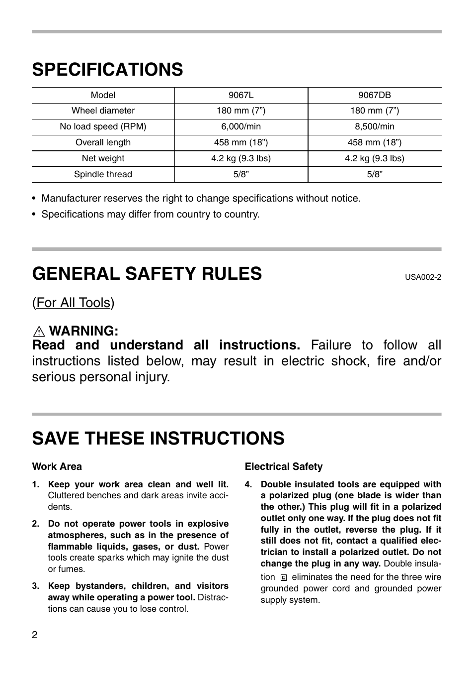 Specifications, General safety rules, Save these instructions | Makita 9067DB User Manual | Page 2 / 20