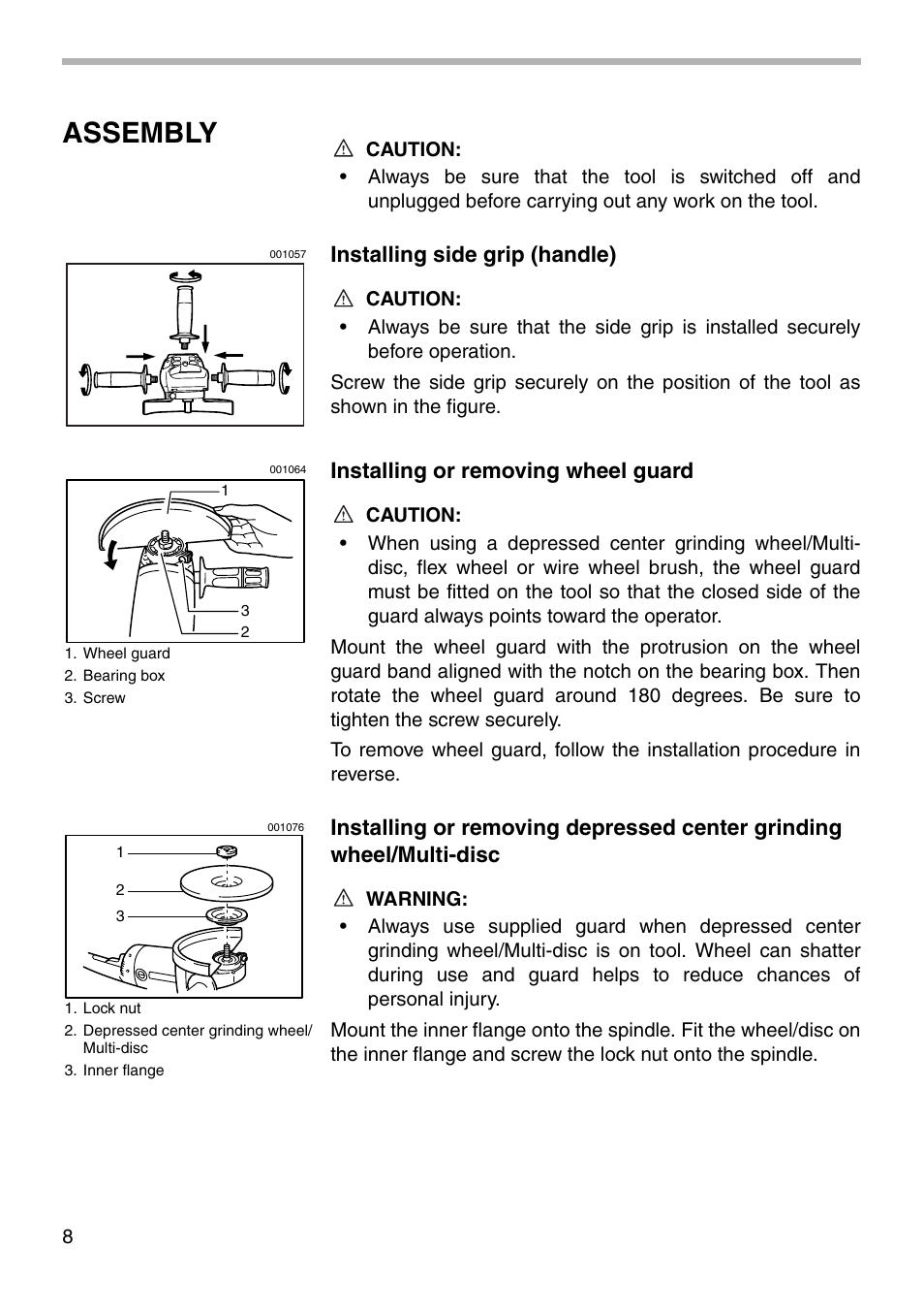 Assembly, Installing side grip (handle), Installing or removing wheel guard | Makita 9067DB User Manual | Page 8 / 20