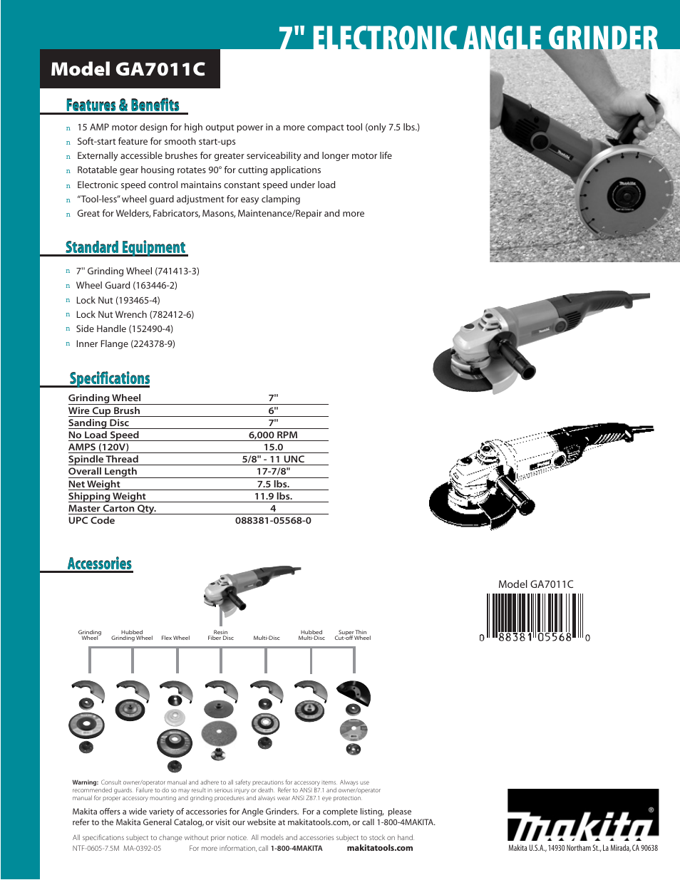 7'' electronic angle grinder, Model ga7011c, Specifications | Accessories, Standard equipment, Features & benefits | Makita GA7011Cx User Manual | Page 2 / 2