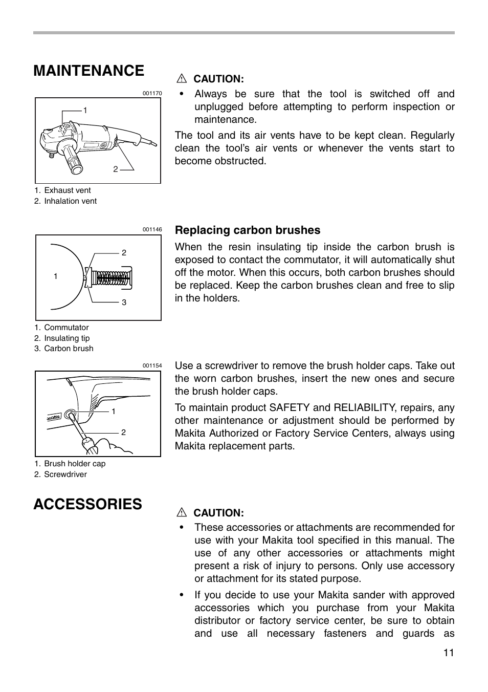 Maintenance, Accessories, Replacing carbon brushes | Makita 9060L User Manual | Page 11 / 16