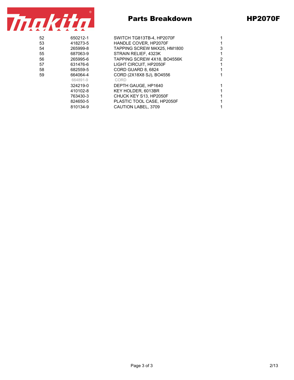 Parts breakdown hp2070f | Makita HP2070F User Manual | Page 3 / 3