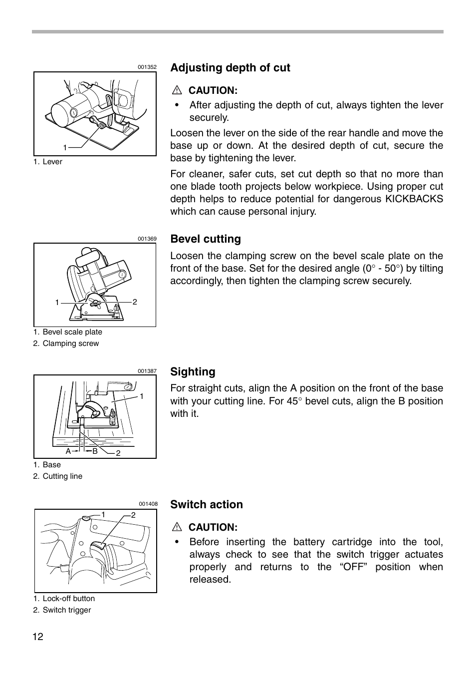 Adjusting depth of cut, Bevel cutting, Sighting | Switch action | Makita 5621D User Manual | Page 12 / 24