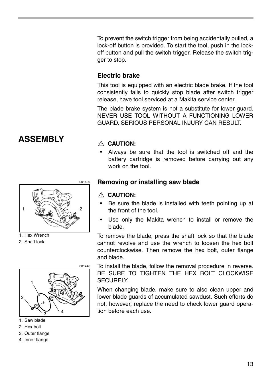 Assembly, Electric brake, Removing or installing saw blade | Makita 5621D User Manual | Page 13 / 24