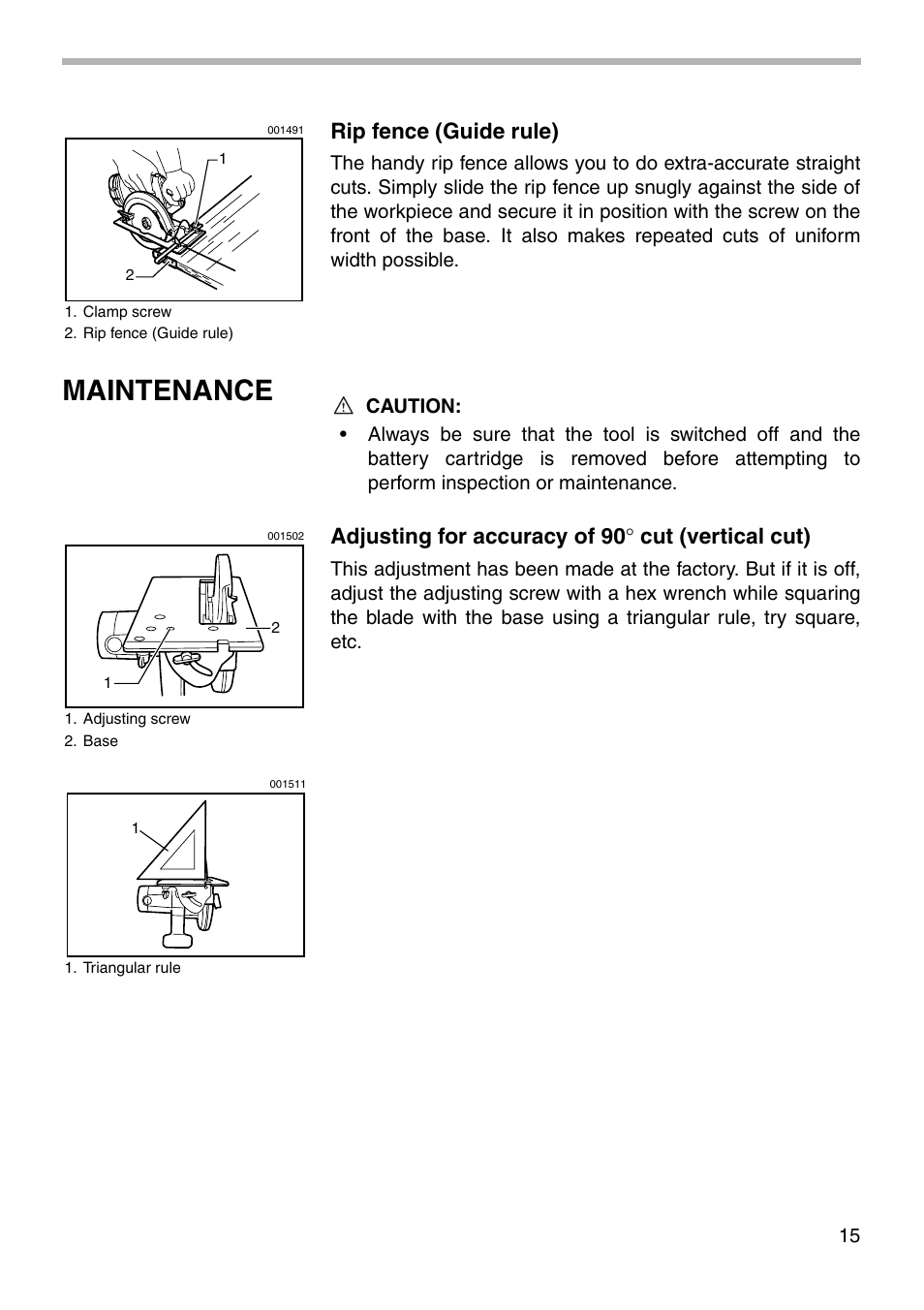 Maintenance, Rip fence (guide rule), Adjusting for accuracy of 90 ° cut (vertical cut) | Makita 5621D User Manual | Page 15 / 24