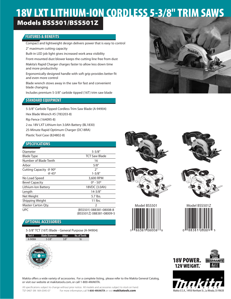 Features & benefits, Specifications, Optional accessories | Makita BSS501Z User Manual | Page 2 / 2