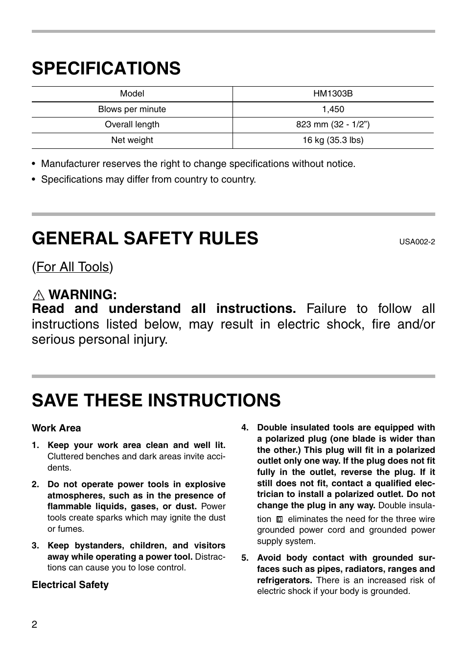 Specifications, General safety rules, Save these instructions | Makita HM1303B User Manual | Page 2 / 16