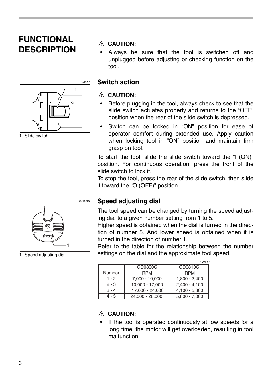 Functional description, Switch action, Speed adjusting dial | Makita GD0810C User Manual | Page 6 / 12