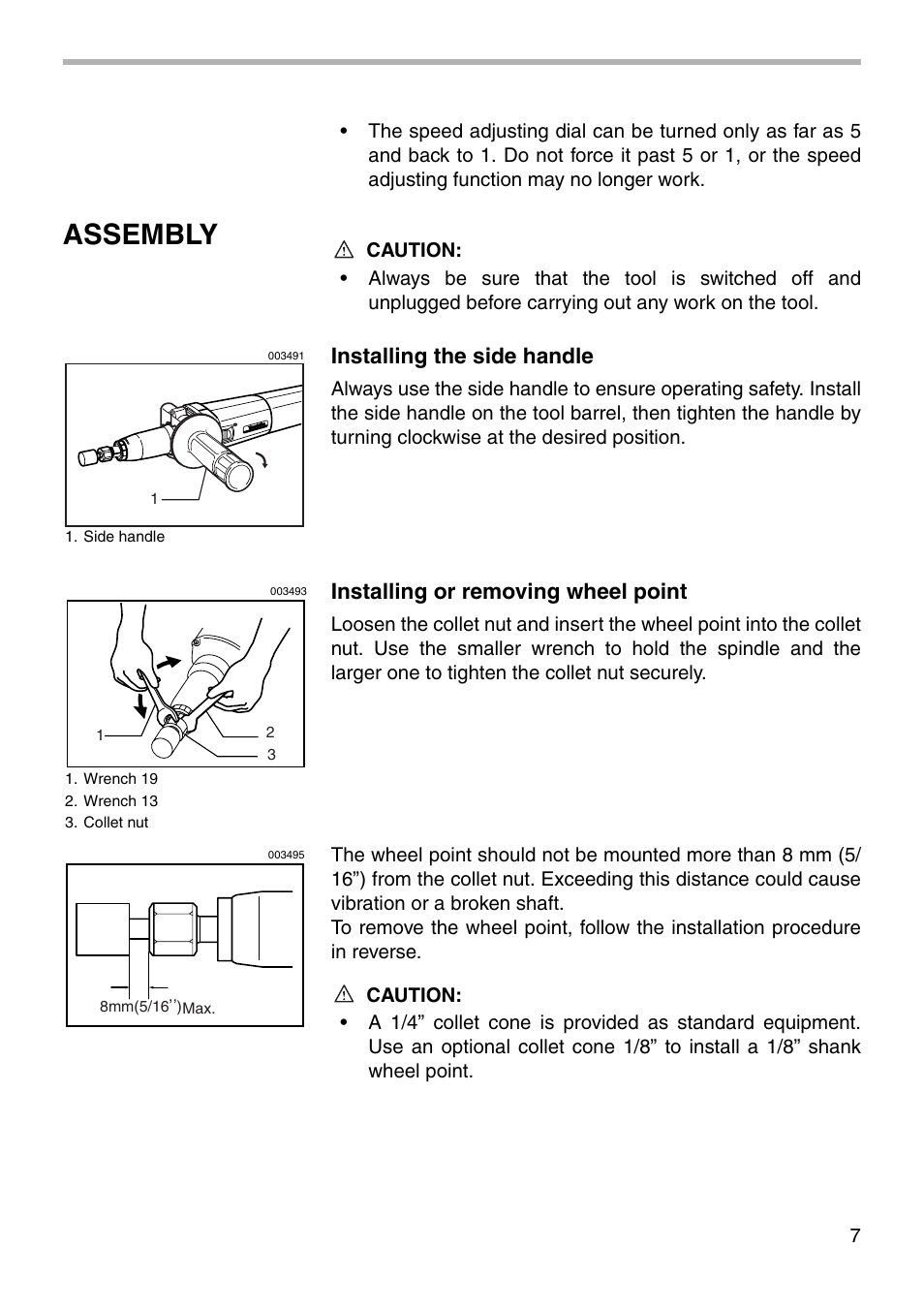 Assembly, Installing the side handle, Installing or removing wheel point | Makita GD0810C User Manual | Page 7 / 12