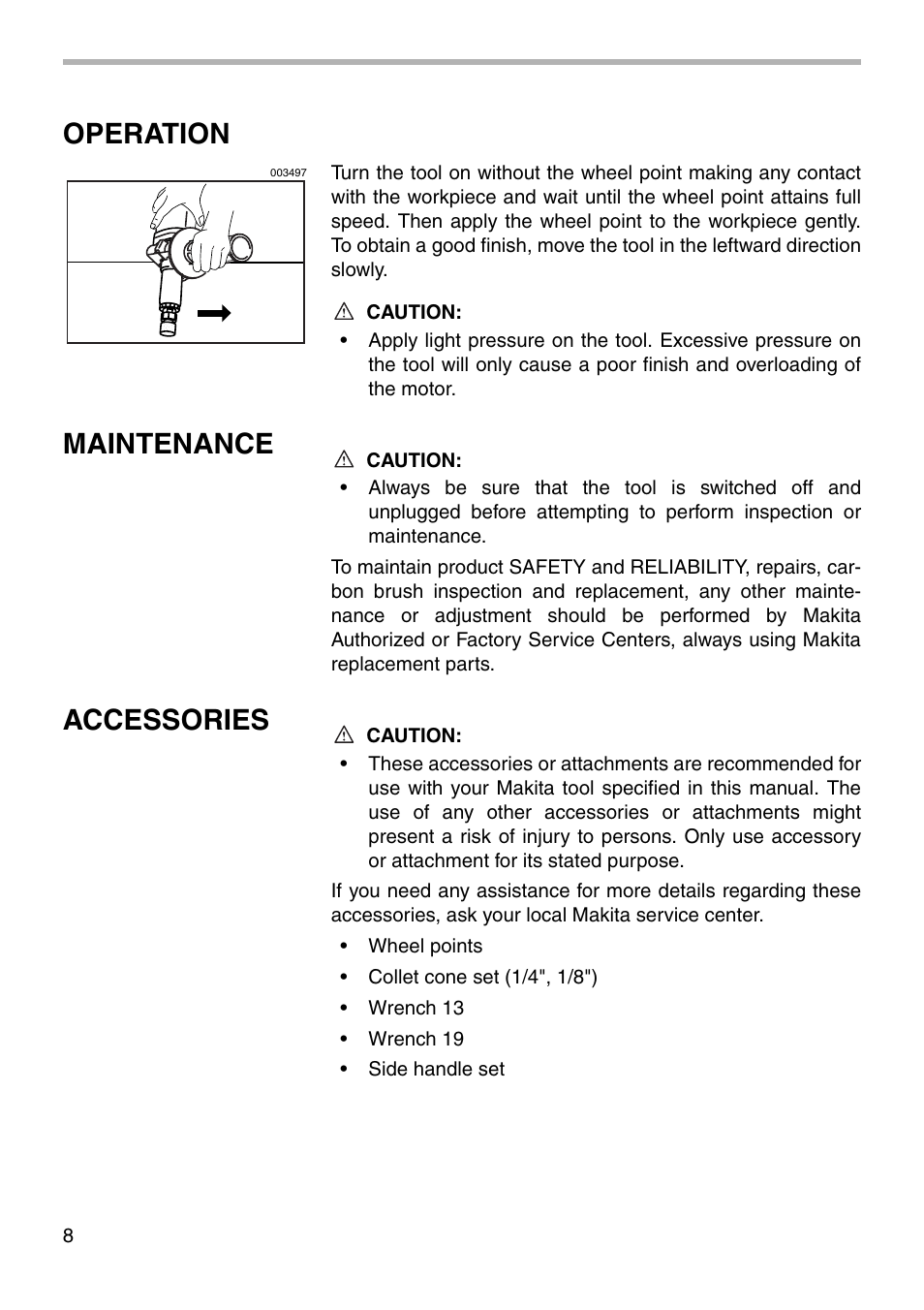 Operation, Maintenance, Accessories | Makita GD0810C User Manual | Page 8 / 12