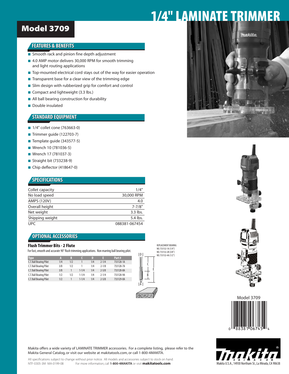 1/4" laminate trimmer, Model 3709, Features & benefits | Specifications, Optional accessories | Makita 3709 User Manual | Page 2 / 2