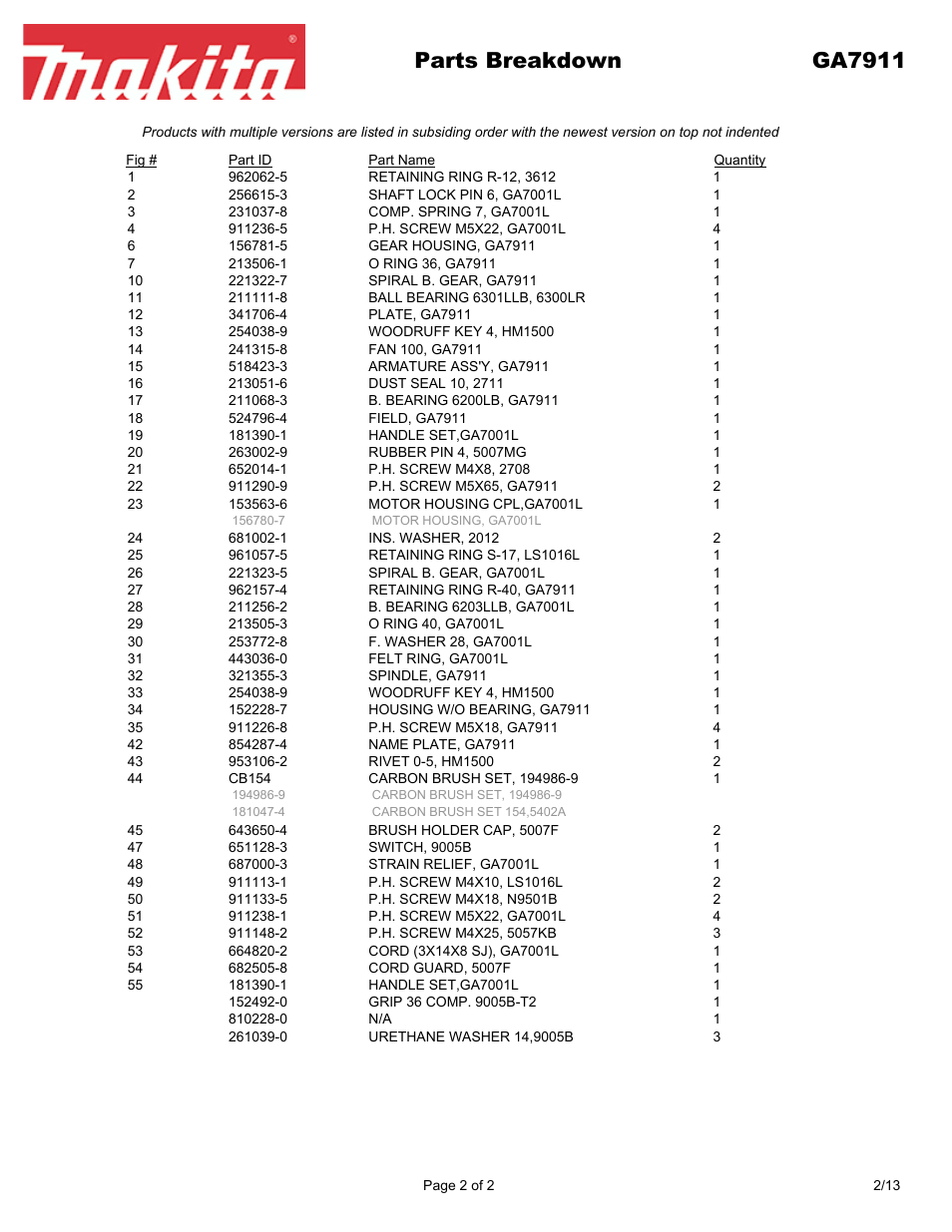 Parts breakdown ga7911 | Makita GA7911 User Manual | Page 2 / 2