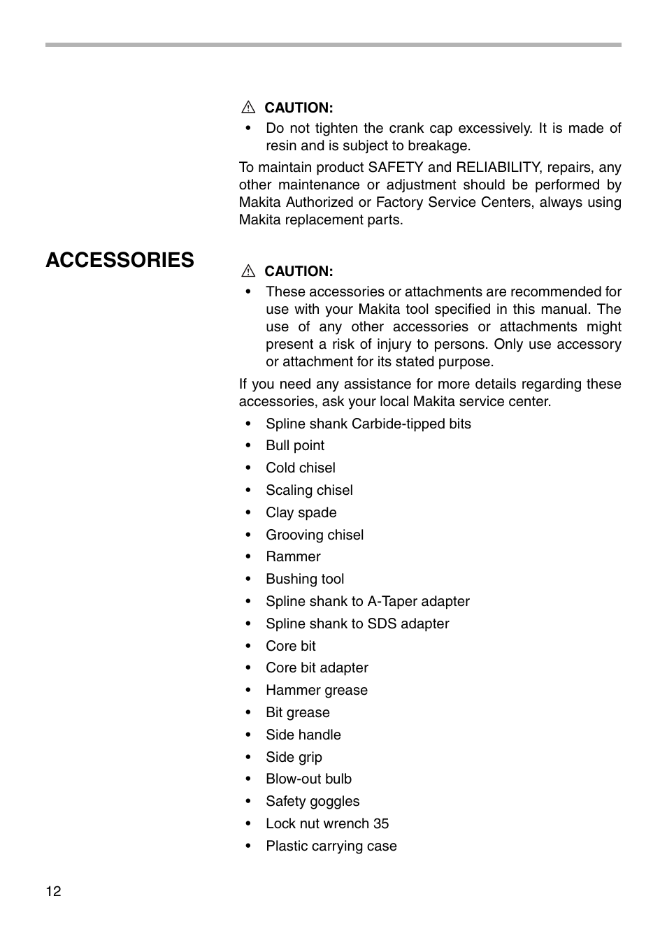 Accessories | Makita HR5000 003101 User Manual | Page 12 / 16