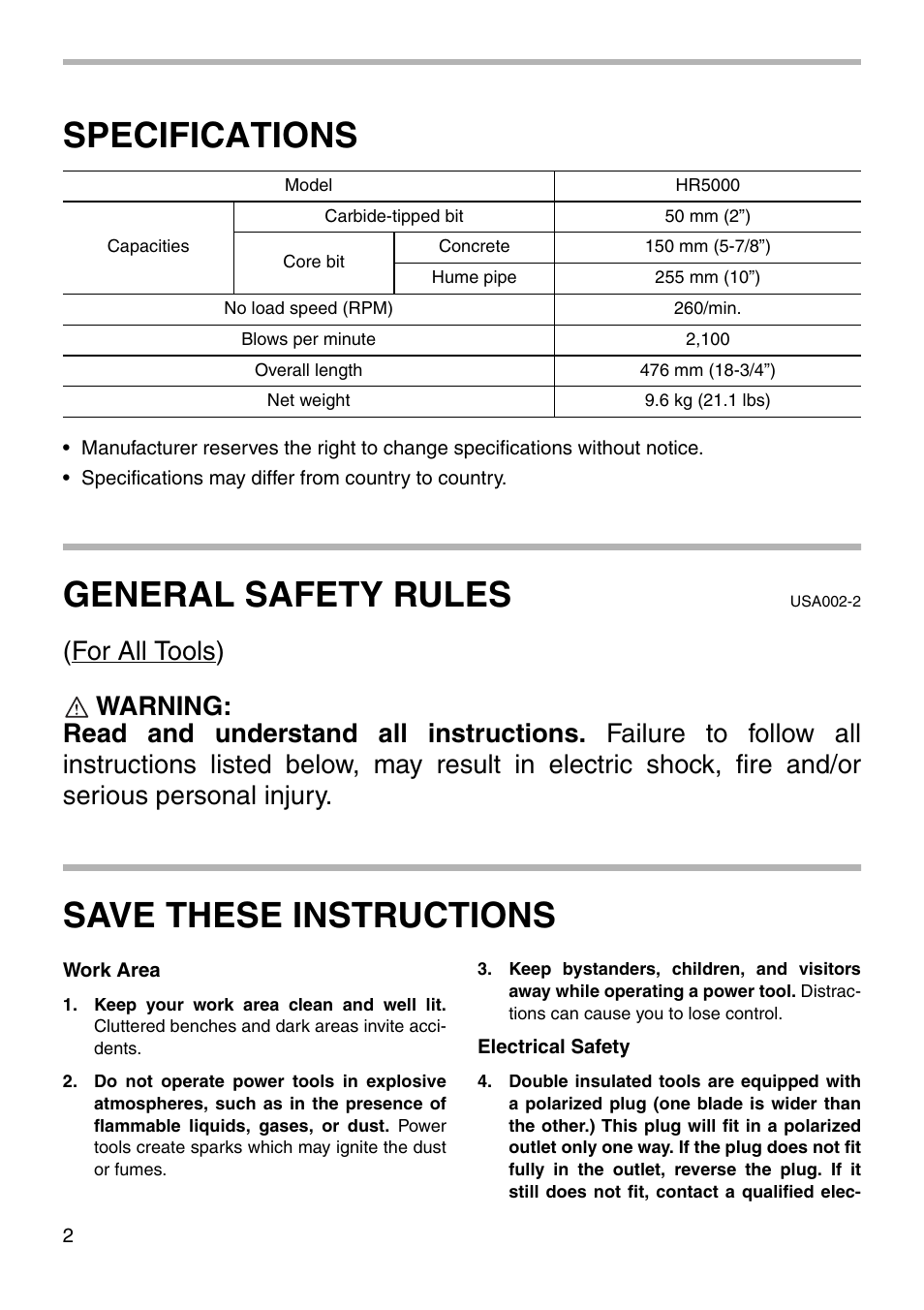 Specifications, General safety rules, Save these instructions | Makita HR5000 003101 User Manual | Page 2 / 16