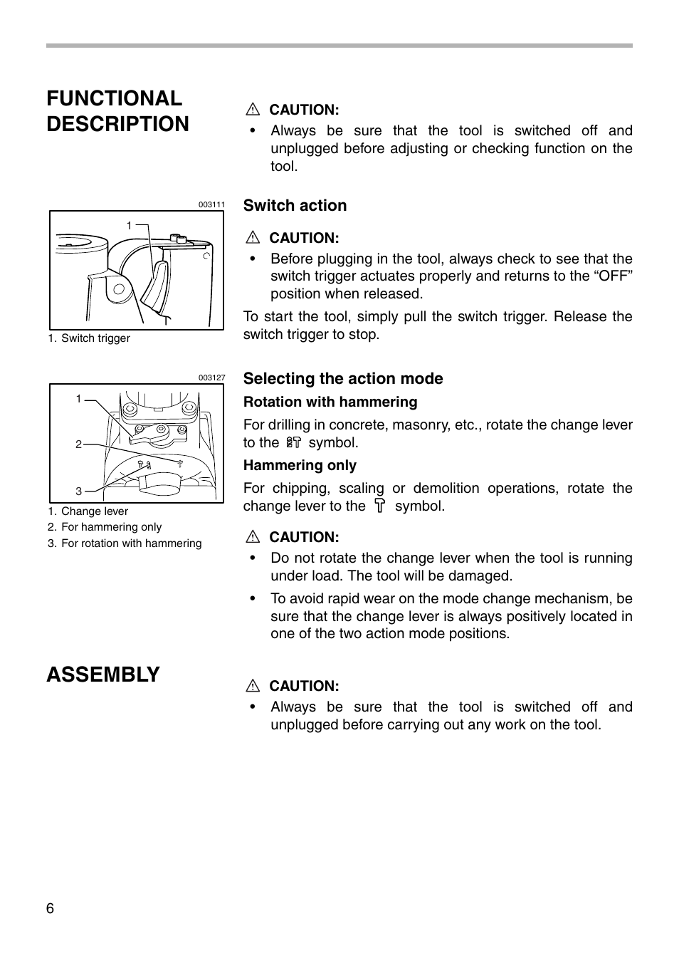Functional description, Assembly | Makita HR5000 003101 User Manual | Page 6 / 16