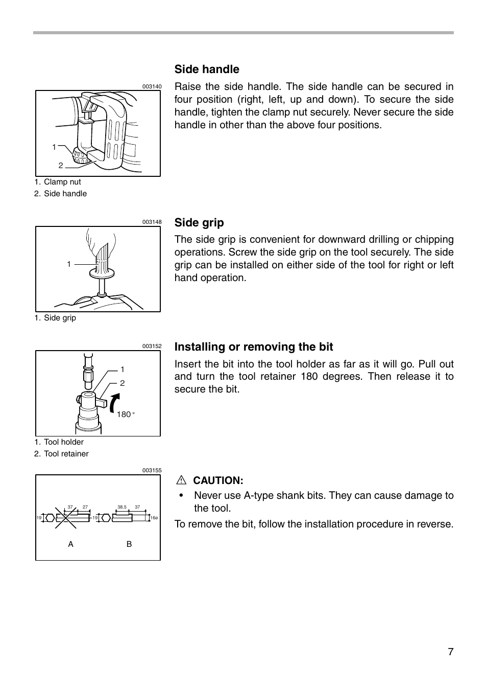 Side handle, Side grip, Installing or removing the bit | Makita HR5000 003101 User Manual | Page 7 / 16