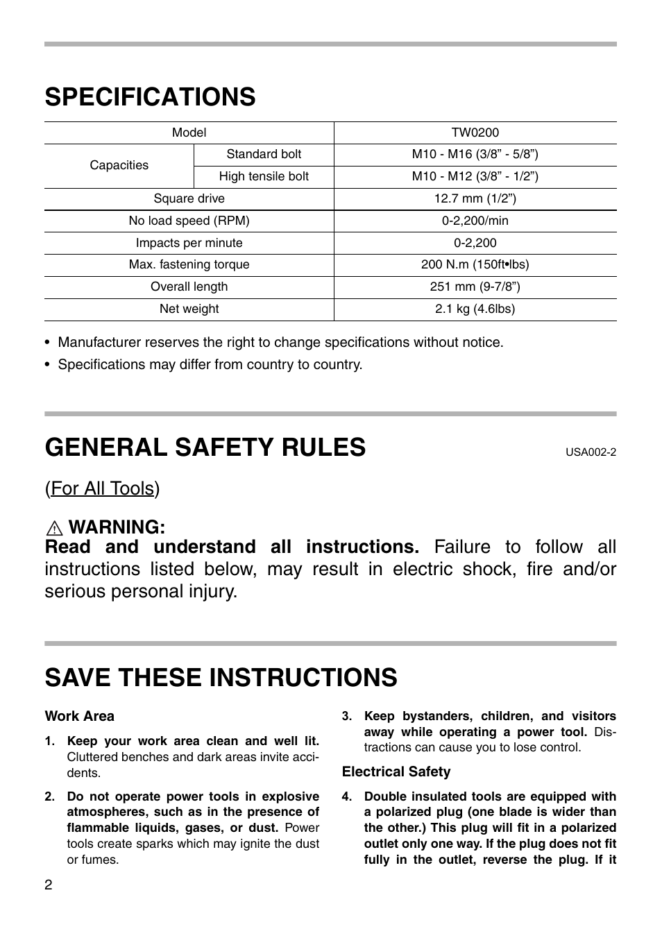 Specifications, General safety rules, Save these instructions | Makita TW0200 User Manual | Page 2 / 16