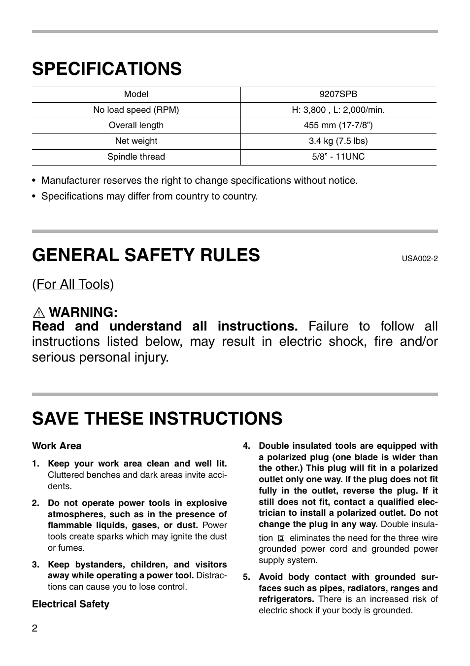Specifications, General safety rules, Save these instructions | Makita 9207SPB User Manual | Page 2 / 16