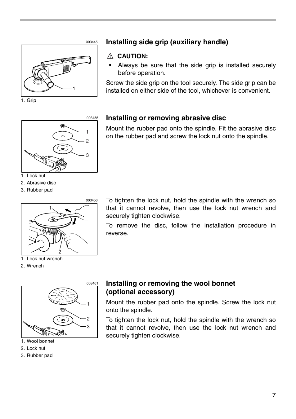Installing side grip (auxiliary handle), Installing or removing abrasive disc | Makita 9207SPB User Manual | Page 7 / 16